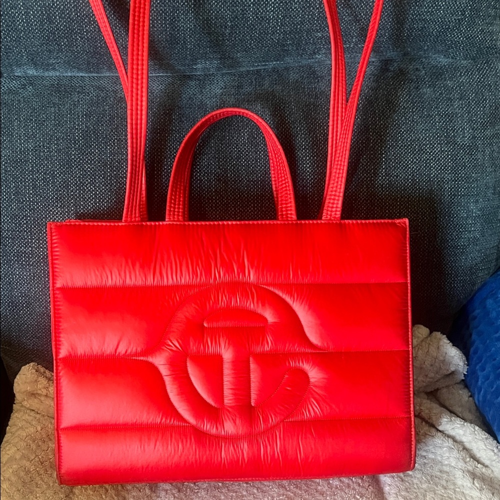 Red Quilted Tote Bag with Embossed Logo